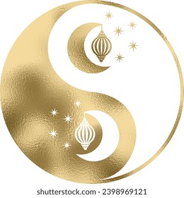 yin yang with moon in gold with transparent background