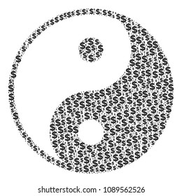 Yin yang mosaic of dollar symbols and round spots. Vector banking pictograms are arranged into yin yang illustration.