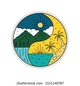 Yin Yang Nature concept of mountain and beach. wildlife and summer . for badge patch emblem graphic vector art t-shirt design