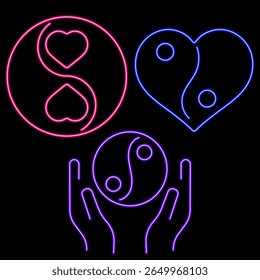 yin yang neon icon group, ilustração vetorial em fundo preto.