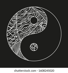 Yin and Yang on black. Hand drawn circle mandala on isolation background