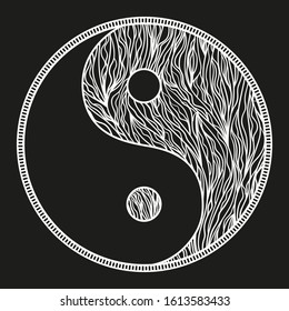 Yin and Yang on black. Hand drawn circle mandala on isolation background