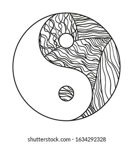 Yin and Yang on white. Design for spiritual relaxation for adults. Line art creation. Black and white illustration for coloring