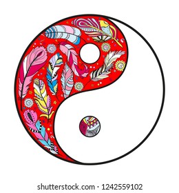 Yin and Yang on white. Hand drawn mandala on isolation background. Design for spiritual relaxation for adults. Line art creation. Colorful illustration for coloring.