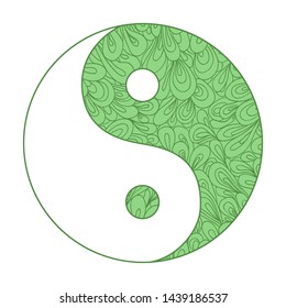 Yin and Yang on white. Hand drawn mandala on isolation background. Design for spiritual relaxation for adults. Line art creation. Zen art