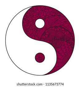 Yin and Yang on white. Religion symbol. Zentangle. Hand drawn mandala on isolation background. Design for spiritual relaxation for adults. Zen art. Print for polygraphy, posters, t-shirts and textiles
