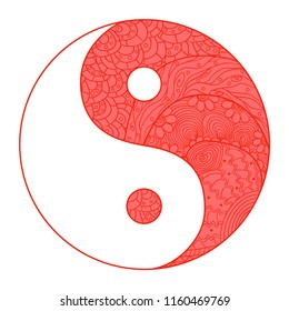 Yin and Yang on white. Religion symbol. Zentangle. Hand drawn circle mandala on isolated background. Design for spiritual relaxation for adults. Sign of harmony. Print for flyers, posters and banners