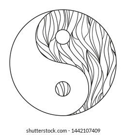 Yin and Yang on white. Religion symbol. Hand drawn circle mandala on isolation background. Design for spiritual relaxation for adults. Print for polygraphy, posters, t-shirts and textiles