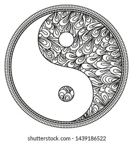Yin and Yang on white. Zentangle. Hand drawn mandala on isolation background. Design for spiritual relaxation for adults. Line art creation. Black and white illustration for coloring.