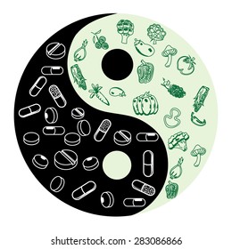 yin and yang, one side of the fruit and vegetables, on the other tablets