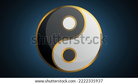 Yin Yang is an oriental symbol of two opposing forces on a blue background. Round Yin Yang sign with gold embossed