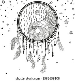 Yin and Yang. Ornate dreamcatcher on white. Black and white illustration