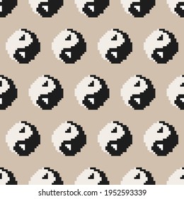 Yin Yang pixels pattern. Vector sign in black and white color.