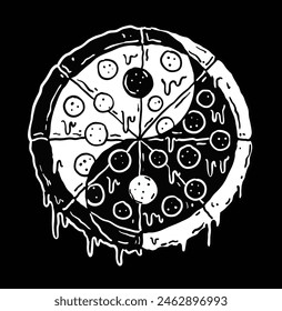 Yin Yang pizza vector illustration. Black and white grunge style design.