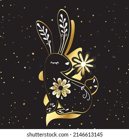 Yin yang rabbit. Pretty bunny illustration. Ornament and floral decoration. Editable vector for art prints, social media, digital arts, and others.