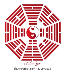 Yin Yang - Red and White with hearts, before heaven and post-heaven trigram trigrams, universe - vector illustration.  I Love You message. Vector