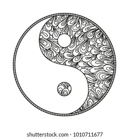 Yin and Yang. Religion symbol. Zentangle. Hand drawn circle mandala on isolation background. Design for spiritual relaxation for adults. Print for polygraphy, posters, t-shirts and textiles. Doodle
