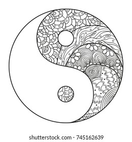 Yin and Yang. Religion symbol. Zentangle. Hand drawn mandala on isolation background. Design for spiritual relaxation for adults. Black and white illustration for coloring. Zen art. Decorative style