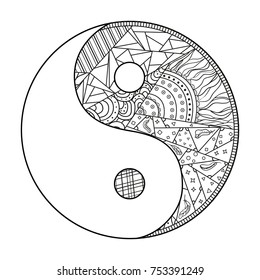 Yin and Yang. Religion symbol. Zentangle. Hand drawn mandala on isolation background. Design for spiritual relaxation for adults. Black and white illustration for coloring. Zen art. Decorative style