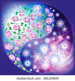 Yin and Yang roses and snowflakes on  background