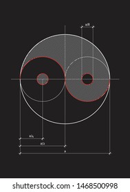 Yin and Yang scheme. Esoteric symbol of harmony and balance. Isolated sacred geometry sign on black background with construction. Feng shui. Technical drawing. Modern engineering wallpaper.