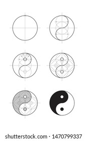 Yin and Yang scheme. Esoteric symbol of harmony and balance. Feng shui icon. Isolated sacred geometry sign on white background with construction. Technical drawing. Modern engineering wallpaper.