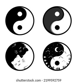 Yin Yang set 4 styles. Sun, Moon, Light, Night, Cat, Black and White