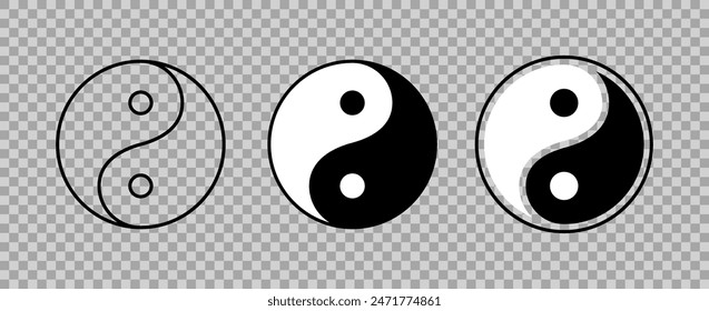 Yin Yang Set Icons. Black and white icon. Linear and flat styles. Vector icons.