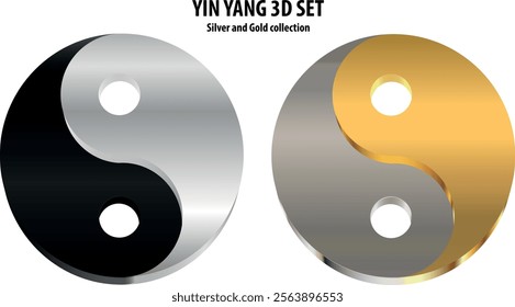 Yin Yang Set. Silver and golden metallic symbol. Elegant decorative emblem. Illustration, vector