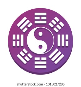 Yin and yang sign with bagua arrangement. Vector. White icon with flat shadow on purpureus circle at white background. Isolated.