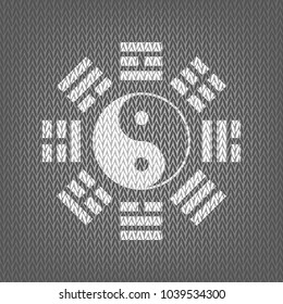 Yin and yang sign with bagua arrangement. Vector. White knitted icon on gray knitted background. Isolated.