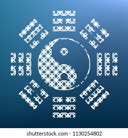 Yin and yang sign with bagua arrangement. Vector. White textured icon at lapis lazuli gradient background.