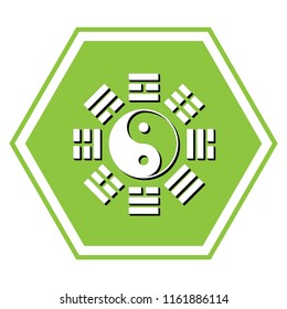 Yin and yang sign with bagua arrangement. Vector. White icon with black shadow at yellow green honeycomb on white background.