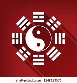 Yin and yang sign with bagua arrangement. Vector. White icon with limitless shadow at ruby red background.