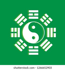 Yin and yang sign with bagua arrangement. Vector. White flat icon with yellow striped shadow at green background.