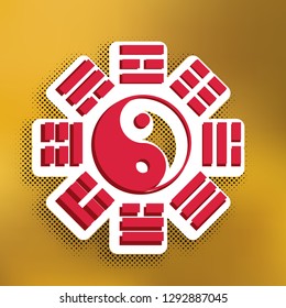 Yin and yang sign with bagua arrangement. Vector. Magenta icon with darker shadow, white sticker and black popart shadow on golden background.