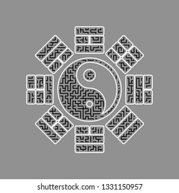 Yin and yang sign with bagua arrangement. Vector. Black maze filled icon with white border at gray background.