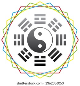 Yin and yang sign with bagua arrangement. Vector. Black icon with patch of light inside colorful hexagonal frames at white background.