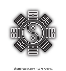 Yin and yang sign with bagua arrangement. Vector. Double contour black icon with soft shadow at white background. Isolated.