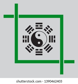 Yin and yang sign with bagua arrangement. Black icon inside green crop tool at light gray background