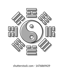 Yin and yang sign with bagua arrangement. Black line icon with gray shifted flat filled icon on white background. Illustration.