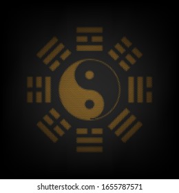Yin and yang sign with bagua arrangement. Icon as grid of small orange light bulb in darkness. Illustration.