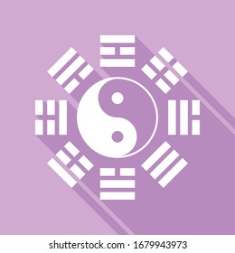 Yin and yang sign with bagua arrangement. White Icon with long shadow at purple background. Illustration.