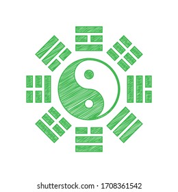 Yin and yang sign with bagua arrangement. Green scribble Icon with solid contour on white background. Illustration.