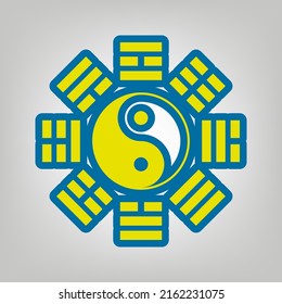 Yin and yang sign with bagua arrangement. Icon in colors of Ukraine flag (yellow, blue) at gray Background. Illustration.