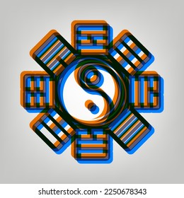 Yin and yang sign with bagua arrangement. Stroked Icon in orange, azure and old lavender Colors at gray Background. Illustration.