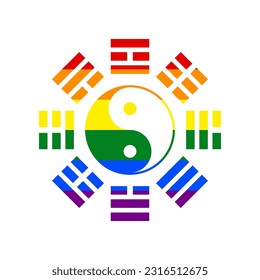 Yin and yang sign with bagua arrangement. Rainbow gay LGBT rights colored Icon at white Background. Illustration.