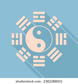 Yin and yang sign with bagua arrangement. Unbleached silk Icon with very long shadow at dark sky blue background. Illustration.