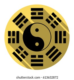 Yin and yang sign with bagua arrangement. Vector. Flat black icon with flat shadow on royal yellow circle with white background. Isolated.