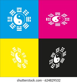 Yin and yang sign with bagua arrangement. Vector. White icon with isometric projections on cyan, magenta, yellow and black backgrounds.